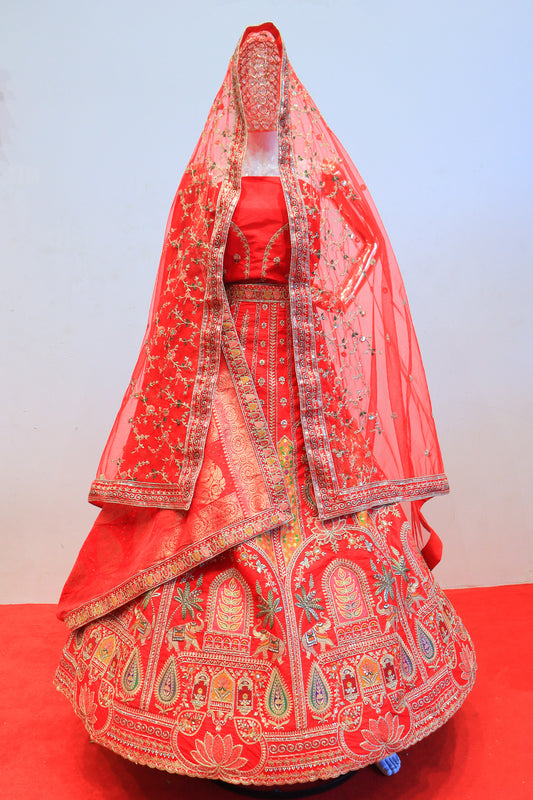 Red Bridal Lehenga with Embroidered Design and Sequin Detailing