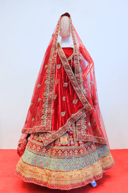 Red Velvet Bridal Lehenga with Jari Embroidery