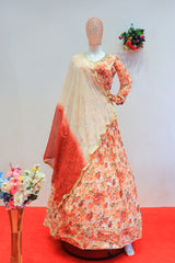 Stunning floral print gown with Red Dupatta