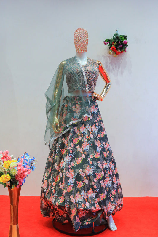Floral Print Chiffon Gown with Matching dupatta