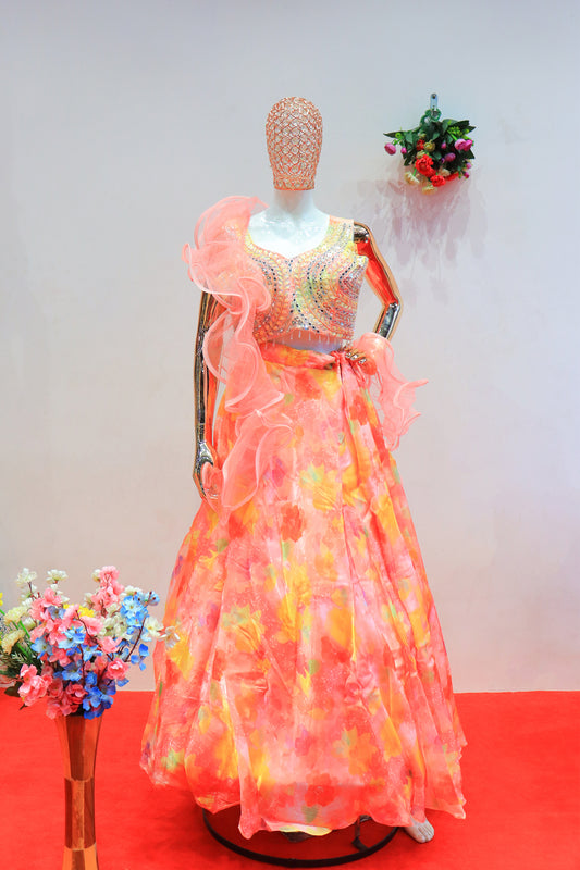 Floral Print Gown in Peachy Hues with Stone Work