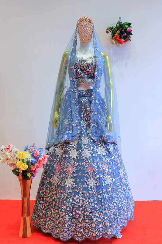 Sea Blue Net Lehenga with Moti Work