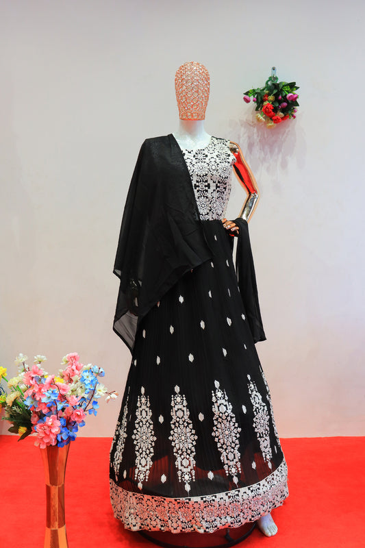 Black and White Embroidered Gown with a Coordinating Dupatta