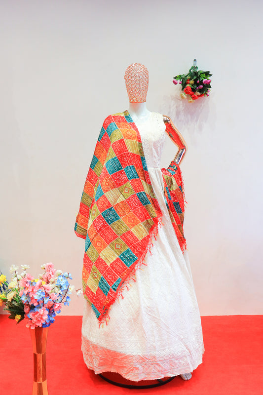 Exquisite White Dress Paired with a Vibrant Colorful Dupatta