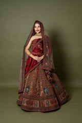 Multi Pure Velvet Embroidery Bridal Lehenga With Hand Work