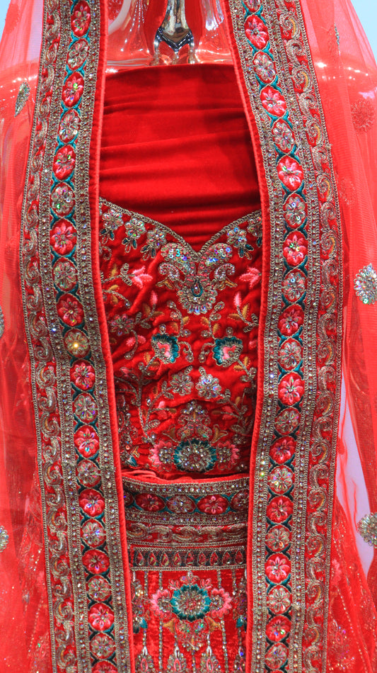 Red Velvet Lehenga With Jarkan Work