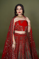 Multi Velvet Bridal Lehenga With Embroidery Work