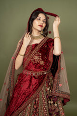 Multi Pure Velvet Embroidery Bridal Lehenga With Hand Work