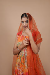 Multi Orange Gown With Digital Print