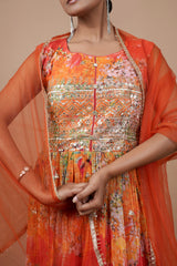 Multi Orange Gown With Digital Print