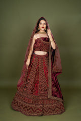Multi Pure Velvet Embroidery Bridal Lehenga With Hand Work