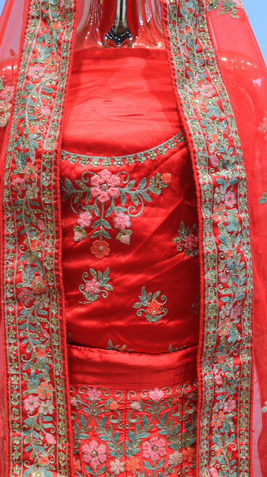 Red Silk Lehenga With Embroidery Work