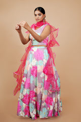 Pink Soft Silk Crop-top With Digital Print