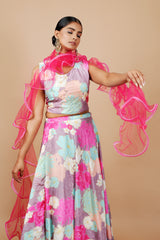 Pink Soft Silk Crop-top With Digital Print