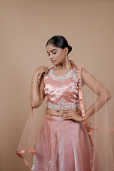 Peach Jimmy Choo Crop-top With Moti Hand Work