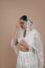 White Georgette Flower Print Crop-top With Fancy blouse Moti & Hand Work