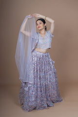 Purple Net Crop-Top With Sequence Hand Work