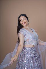 Purple Net Crop-Top With Sequence Hand Work