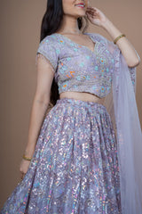 Purple Net Crop-Top With Sequence Hand Work