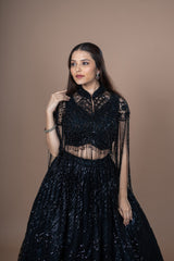 Black Net Sequence Work Crop-Top With Hand Work Fancy Blouse