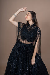 Black Net Sequence Work Crop-Top With Hand Work Fancy Blouse