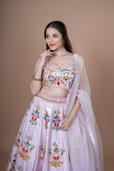 Pink Silk Crop-Top With Kachhi Work