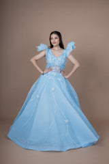 Blue Net Gown With Moti Hand Work