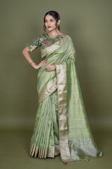 Pista Green Organza Print Saree With Ready Made Hand Work Blouse