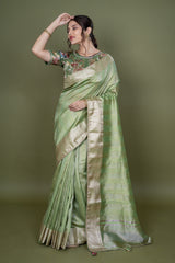 Pista Green Organza Print Saree With Ready Made Hand Work Blouse