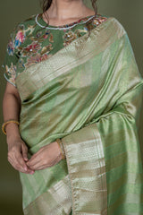 Pista Green Organza Print Saree With Ready Made Hand Work Blouse