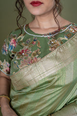 Pista Green Organza Print Saree With Ready Made Hand Work Blouse
