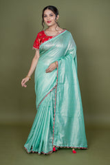Pista Green Jari Cotton Saree With Banarasi Blouse