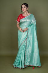 Pista Green Jari Cotton Saree With Banarasi Blouse