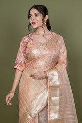 Peach Organza Saree With Sequence Work