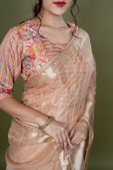 Peach Organza Saree With Sequence Work