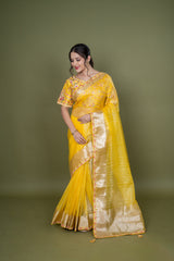 Yellow Organza Saree With Designer Ready Made Blouse
