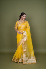 Yellow Organza Saree With Designer Ready Made Blouse