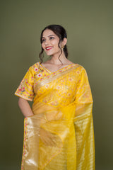 Yellow Organza Saree With Designer Ready Made Blouse