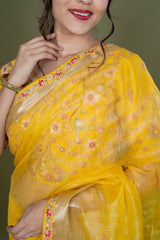 Yellow Organza Saree With Designer Ready Made Blouse