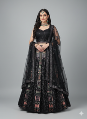 Midnight Blue Leaf Design Sequence Net Lehenga – Elegant Embroidered Wedding & Party Wear Lehenga Choli