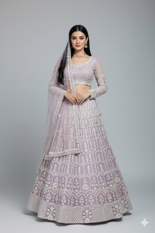 Sea Blue Net Lehenga with Moti Work