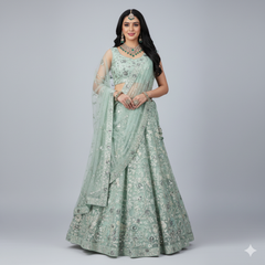 Teal Smoke Sea Green Embroidery Sequence Work Net Lehenga β Elegant Wedding & Party Wear Lehenga Choli