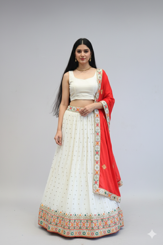 White Silk Crush Lehenga With Embroidery Work