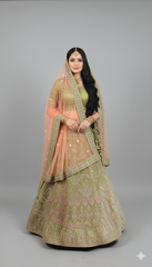Green Velvet Lehenga With Copper Jarkan Work