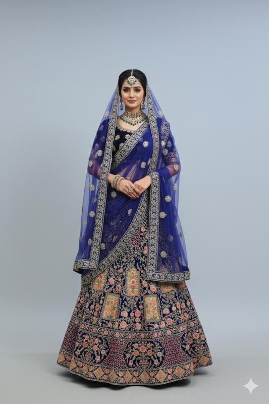 Dark Blue Silk Lehenga with Hand Work