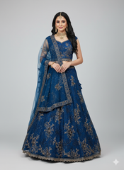Royal Blue thread Sequence work Net lehenga