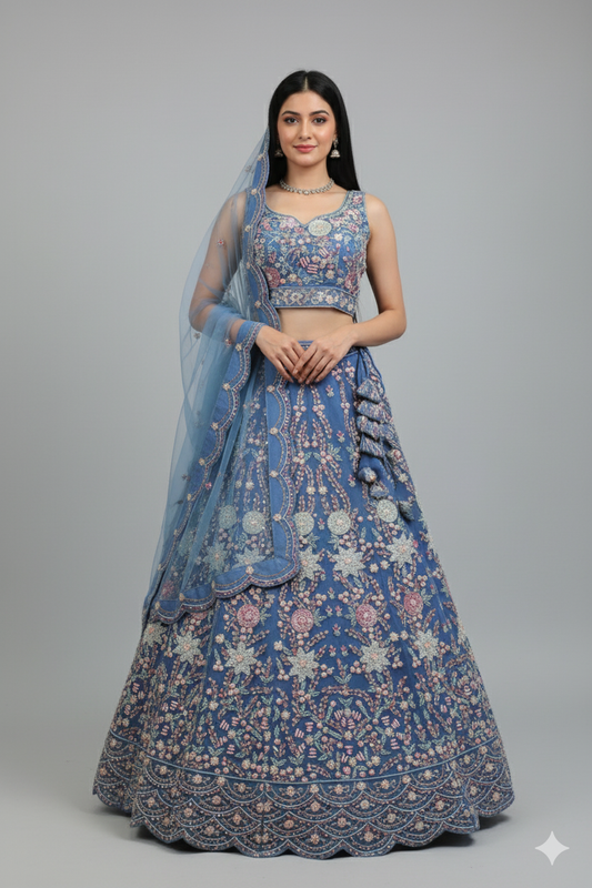 Beige Net Lehenga with Moti Work