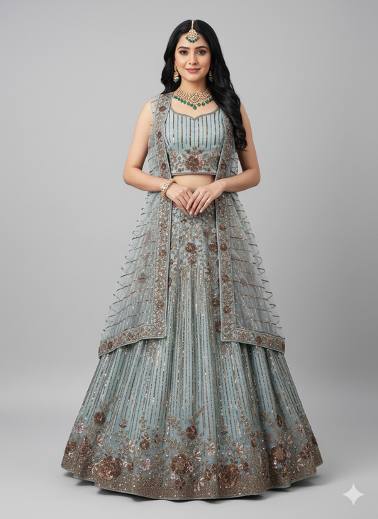 Turquoise Sequence work Net Lehenga