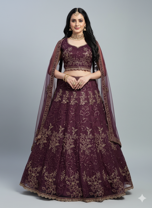 Royal Blue thread Sequence work Net lehenga