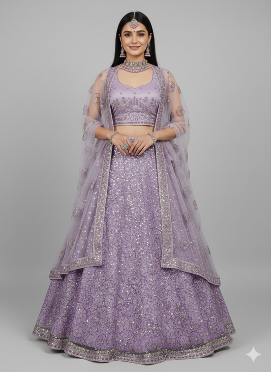 Pearl White Flower Sequence Work Net Lehenga – Elegant Embroidered Wedding & Party Wear Lehenga Choli